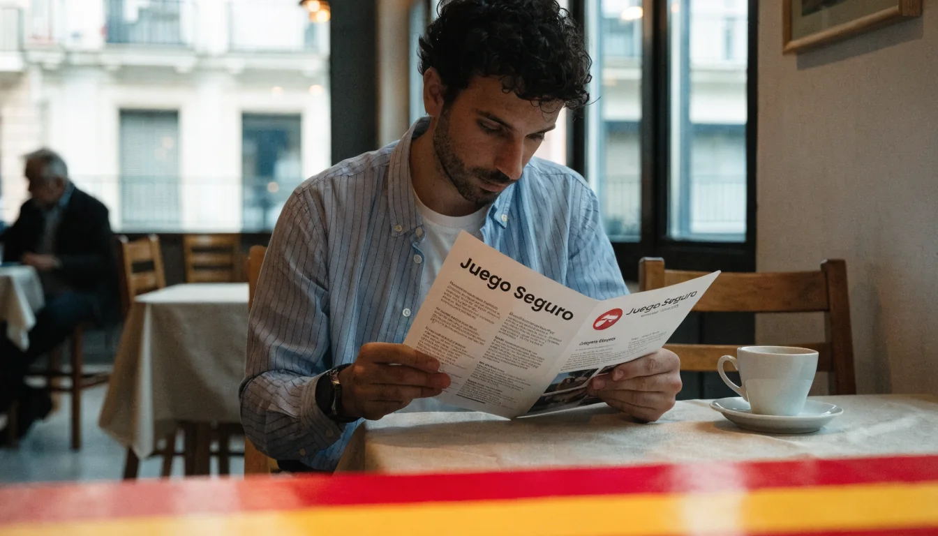 Hombre leyendo folleto de juego seguro.